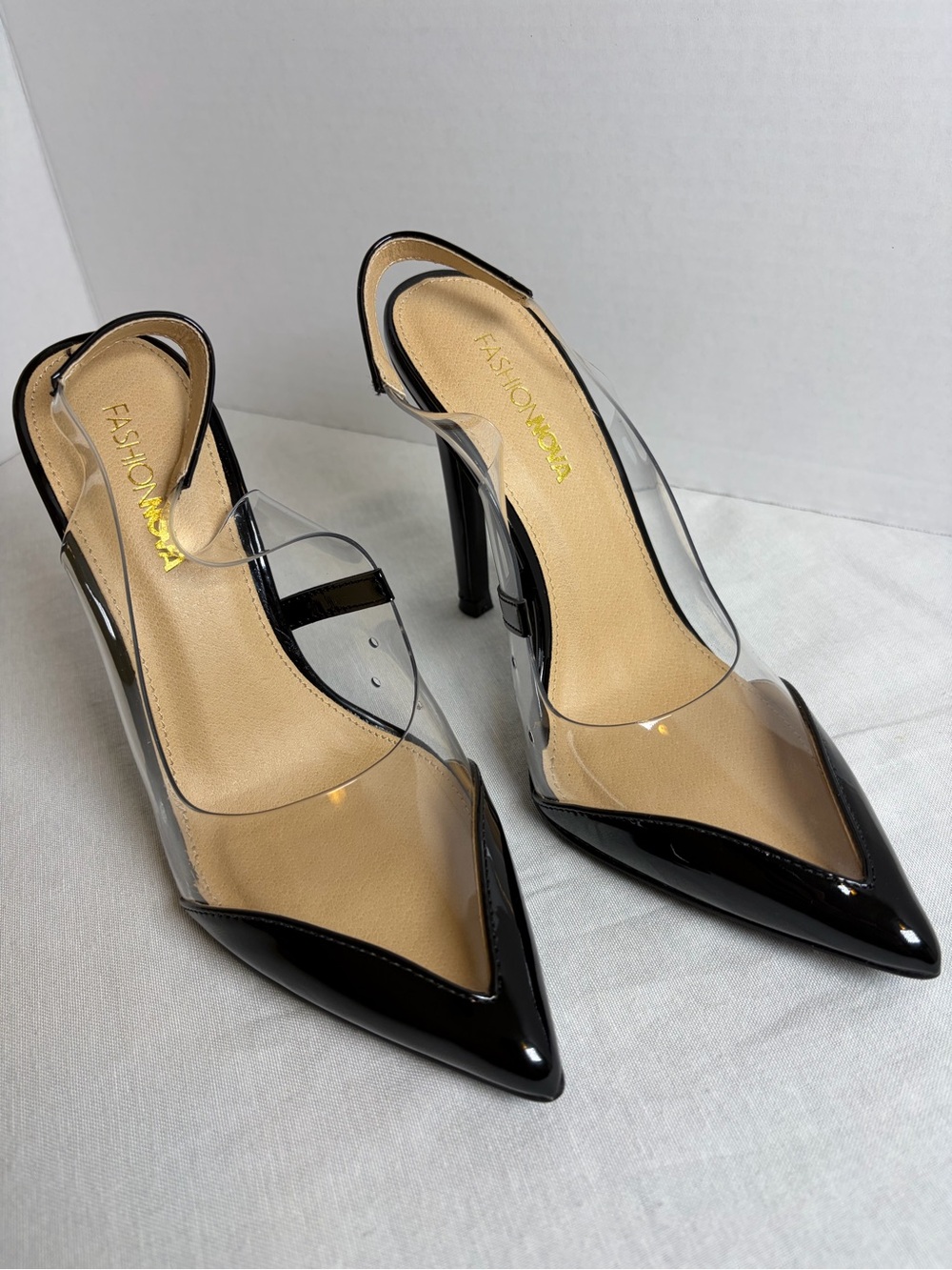 Fashion Nova Dare You Clear PVC Slingback Pumps Black Pointed Toe Heels Size 6